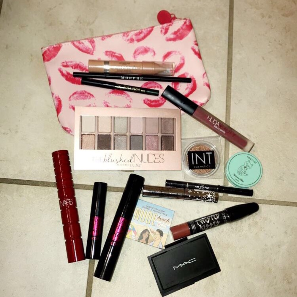 Assortment of sample and full-size makeup